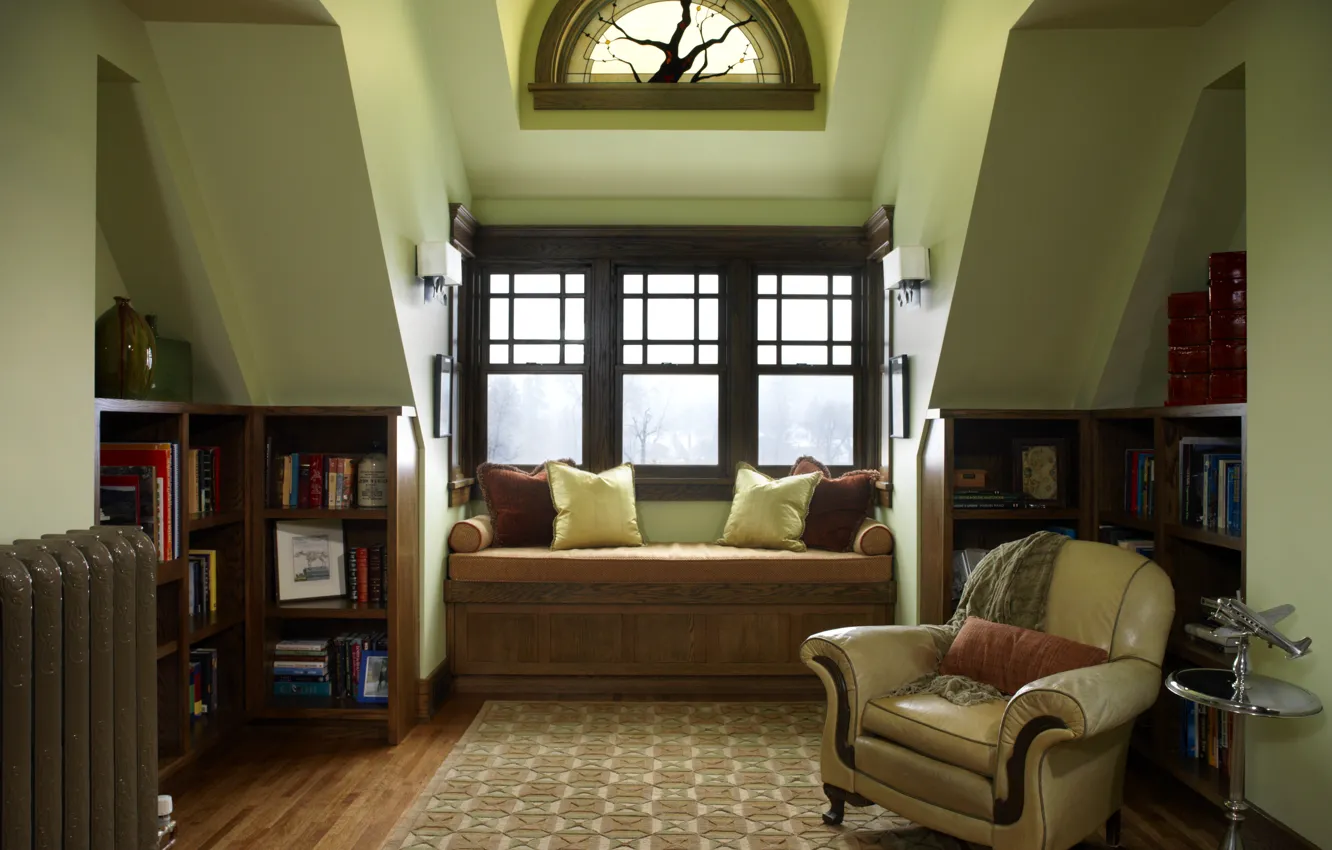 Photo wallpaper photo, sofa, interior, chair, book, living room, shelves