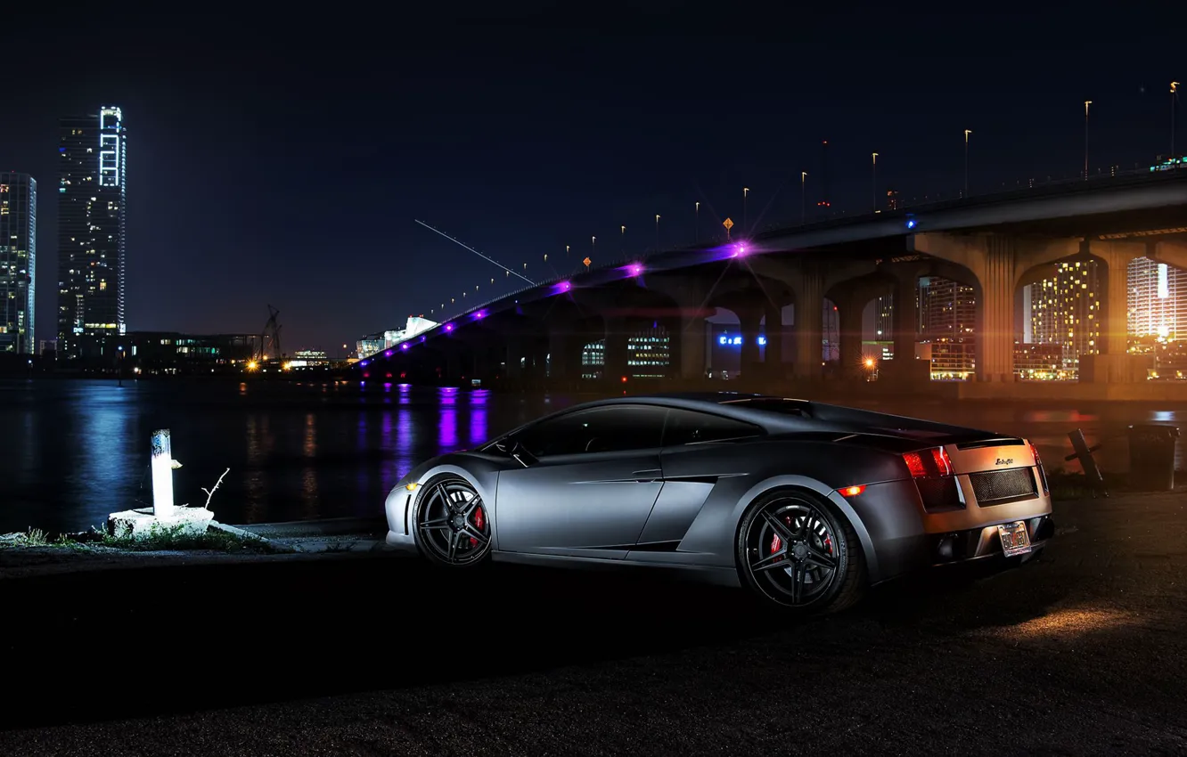 Photo wallpaper auto, night, bridge, lamborghini gallardo, Lamborghini