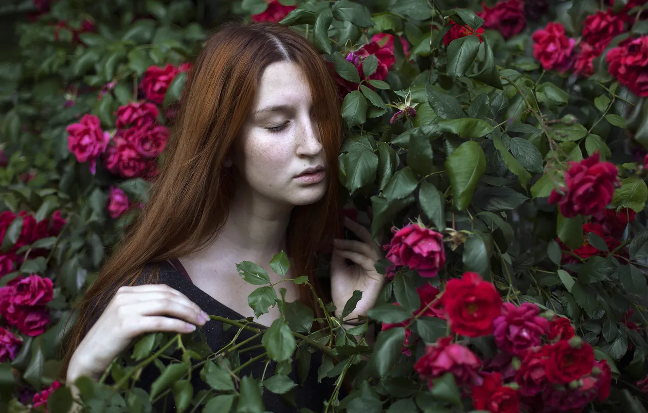 Photo wallpaper summer, leaves, girl, flowers, roses, hands, garden, freckles