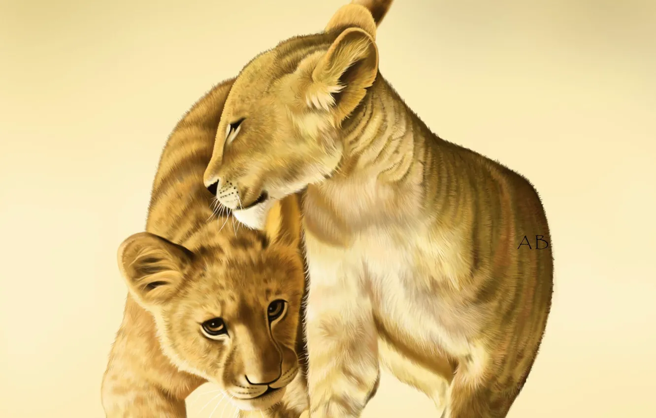 Photo wallpaper baby, art, cub, two, lion, big cats