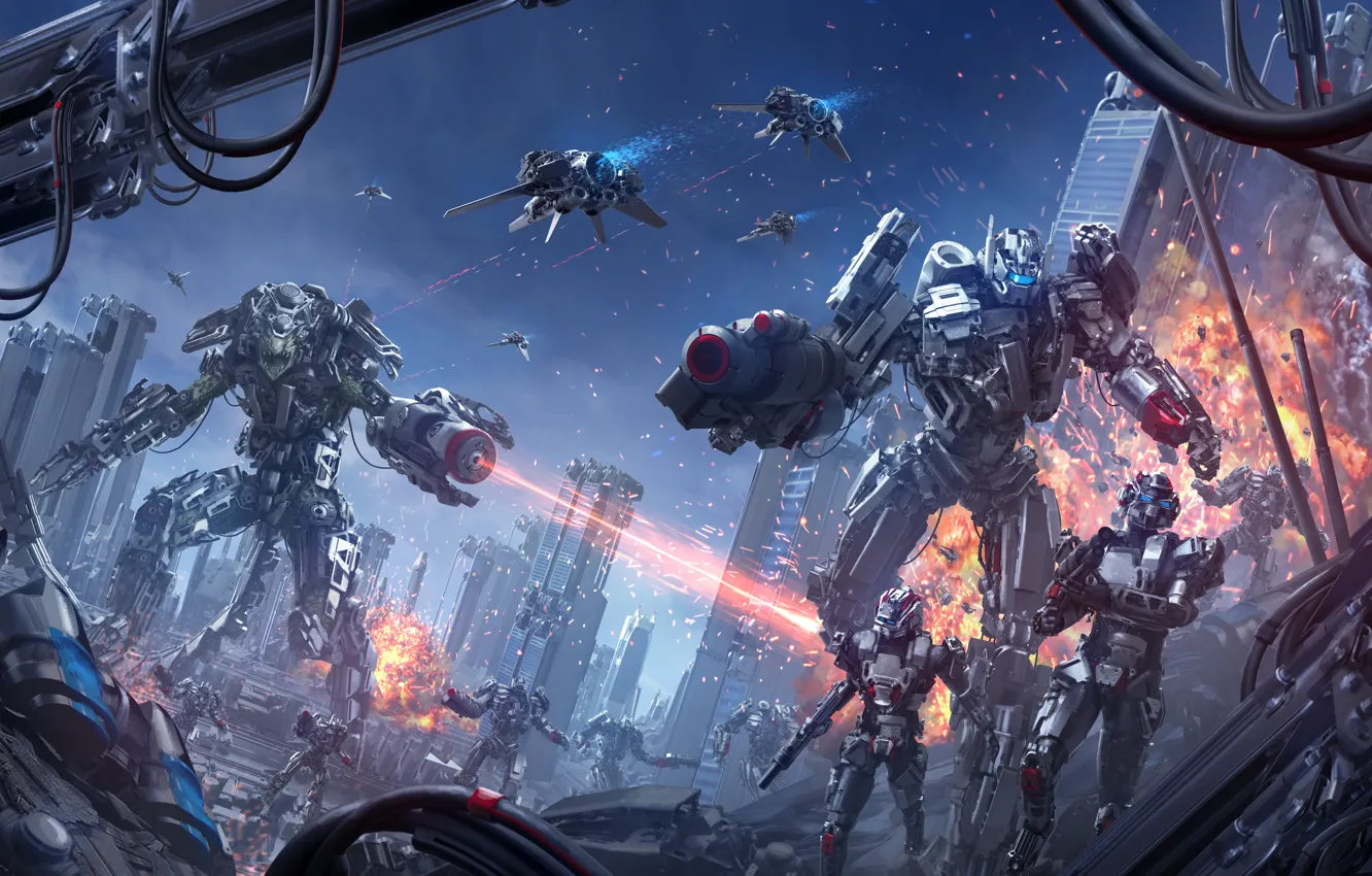 Photo wallpaper the explosion, the city, fiction, war, robot, cyborg, mech