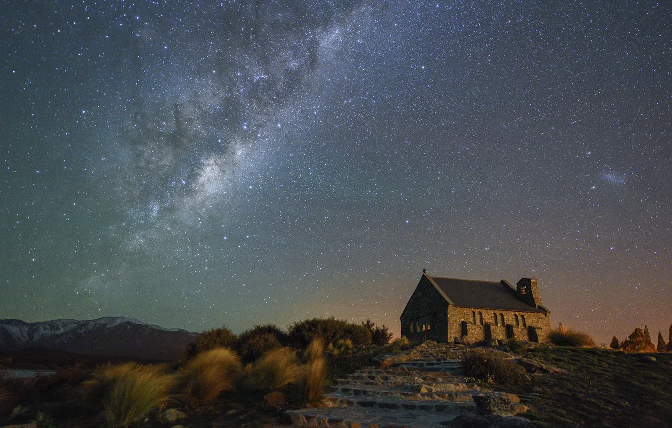 Photo wallpaper stars, mountains, ladder, Church, the milky way, secrets