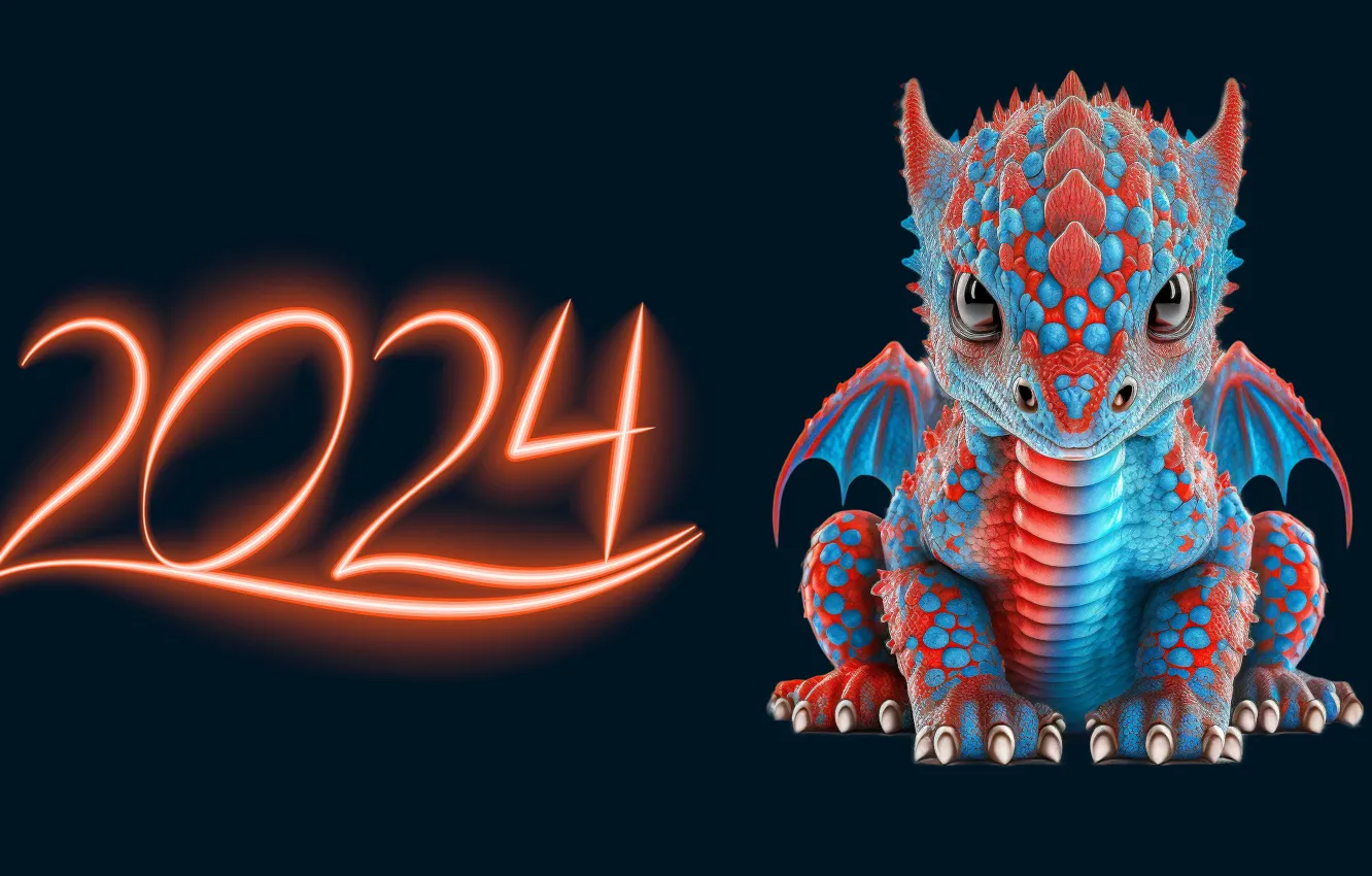 Photo wallpaper look, red, lights, the dark background, blue, dragon, toy, new year