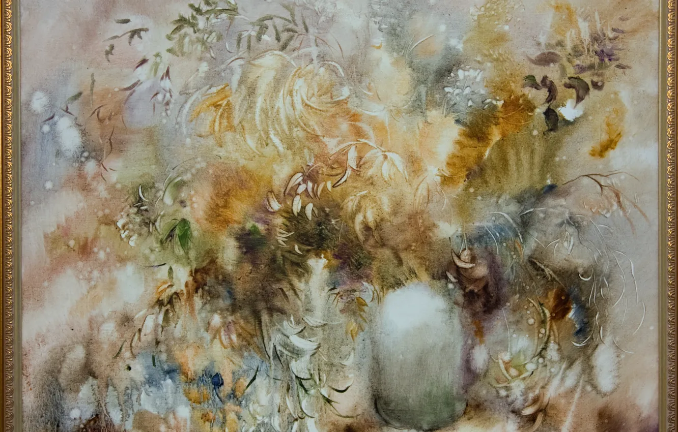 Photo wallpaper flowers, picture, petals, fluff, vase, still life, Sfumato, gift painting