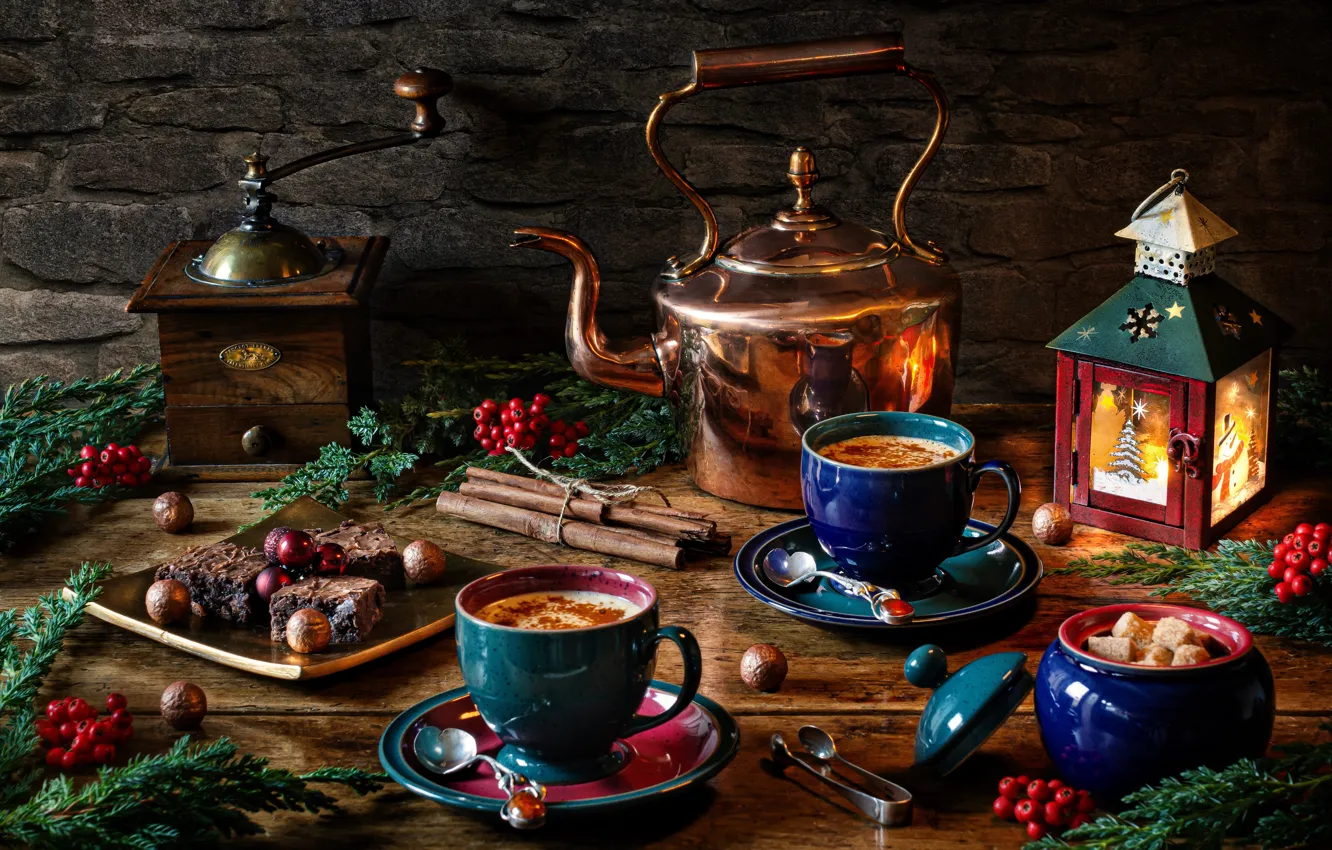 Photo wallpaper branches, style, kettle, Christmas, lights, mug, still life, cinnamon