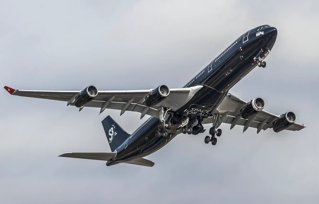 Photo wallpaper black, the plane, flies, a passenger plane, Airbus a340-313X