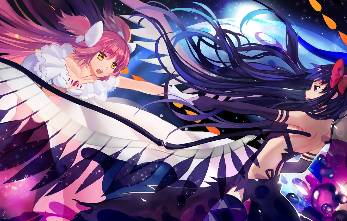 Photo wallpaper space, flowers, girls, gesture, art, mahou shoujo madoka magica, homura akemi, madoka kaname