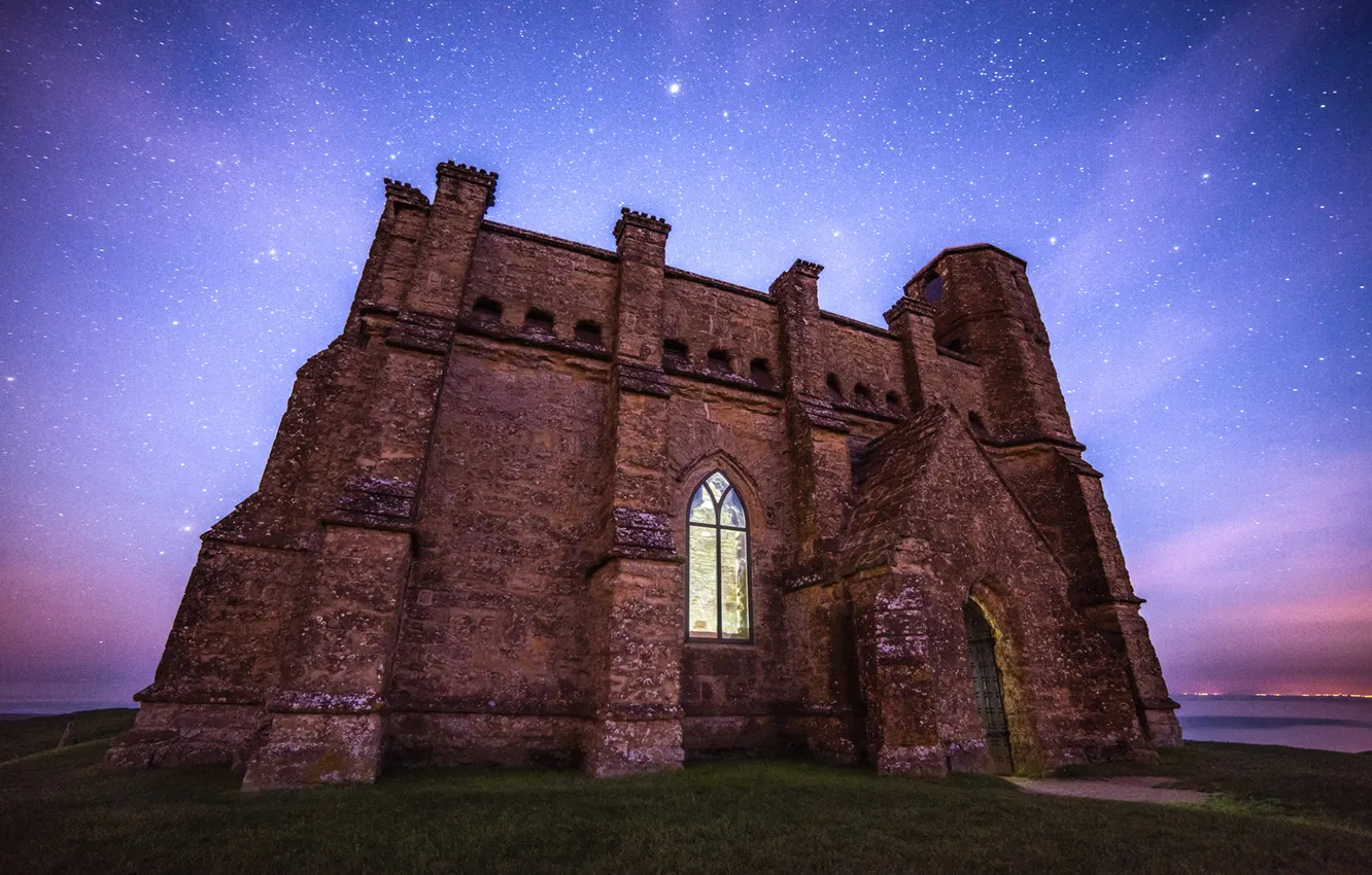 Photo wallpaper the sky, stars, sunset, castle, hills, HDR, the evening