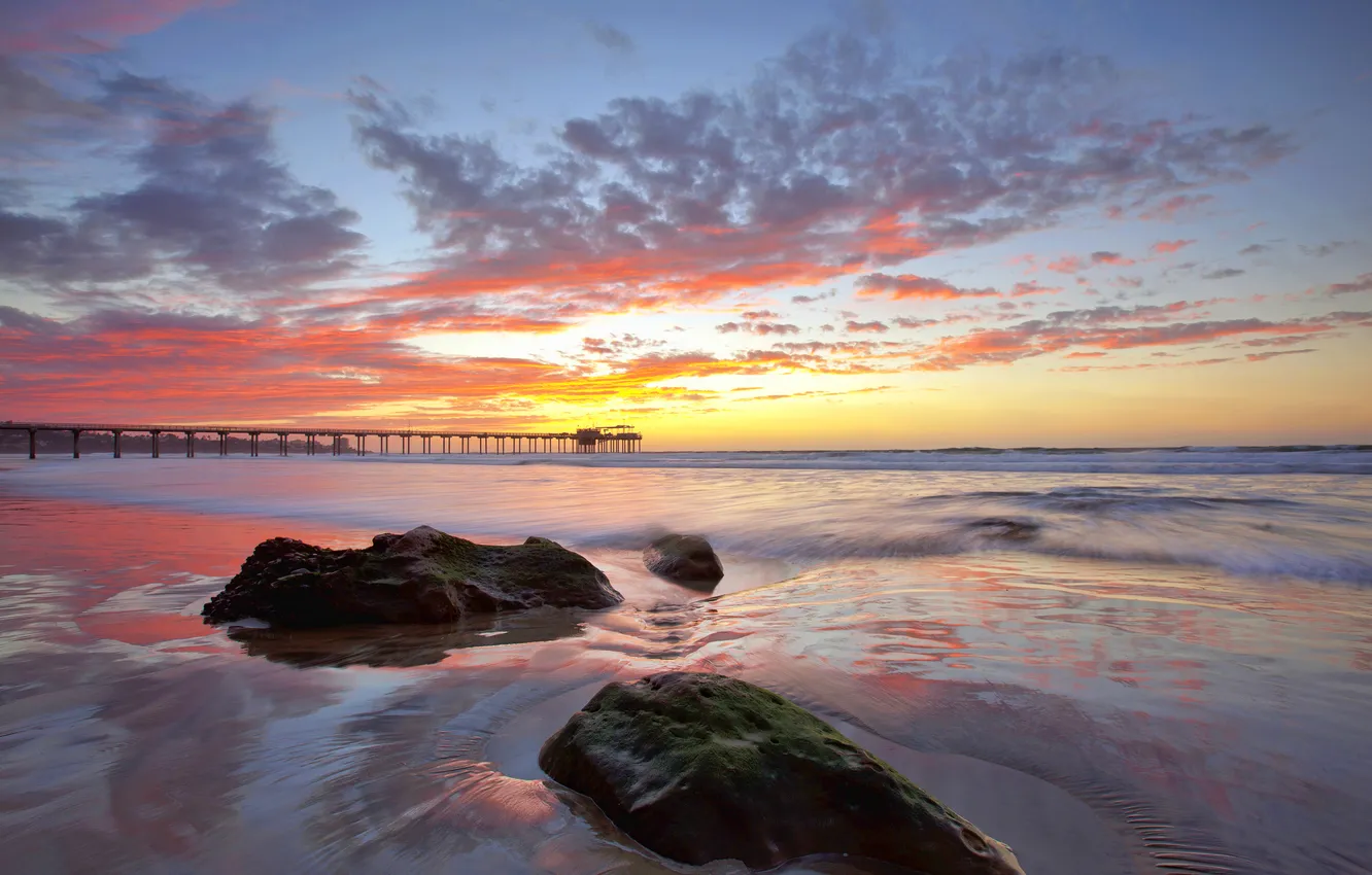 Photo wallpaper sea, the sky, clouds, sunset, CA, pierce, USA, San Diego