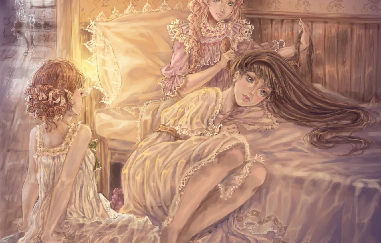 Photo wallpaper girl, light, room, bed, art, nightie, Sillselly, comb