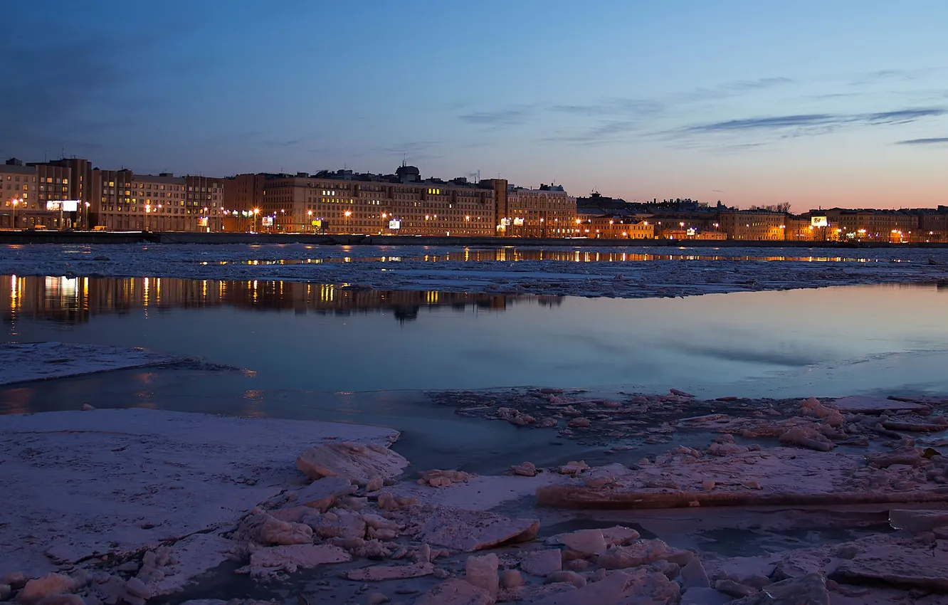 Photo wallpaper ice, winter, the city, river, the evening, Neva