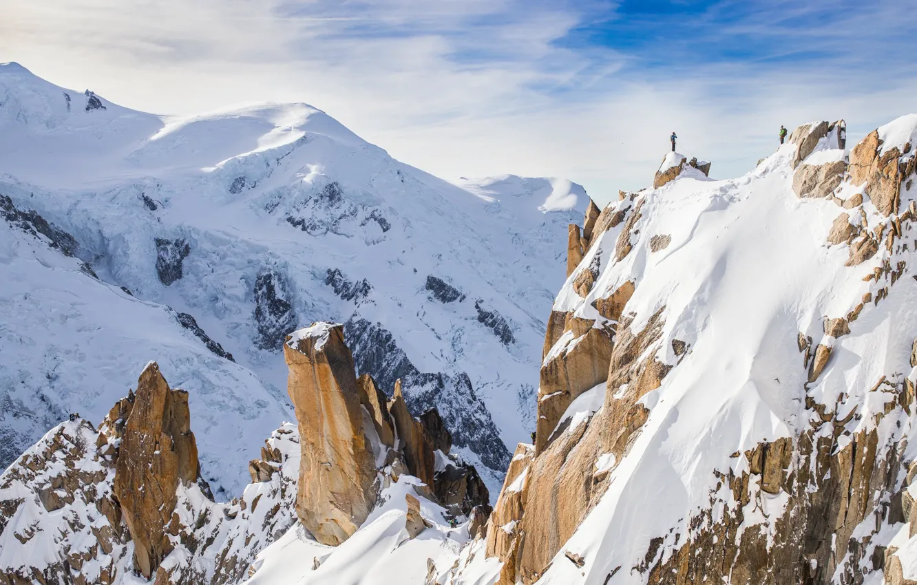 Photo wallpaper winter, snow, mountains, France, valley, Alps, climbers, Chamonix