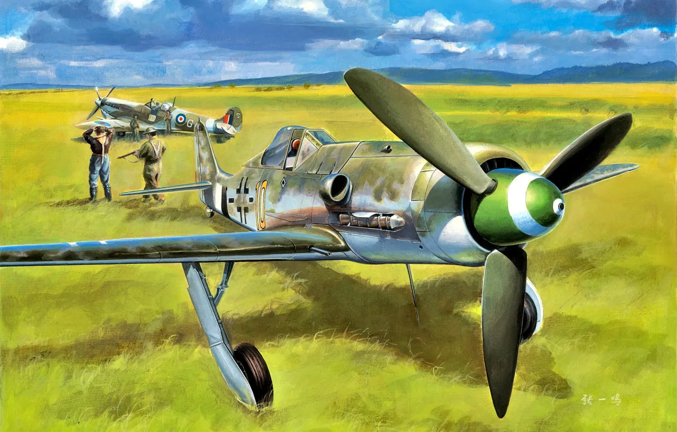 Photo wallpaper Supermarine Spitfire, Focke-Wulf, Pilot, The convoy, Fw.190D-13, Prisoner of war