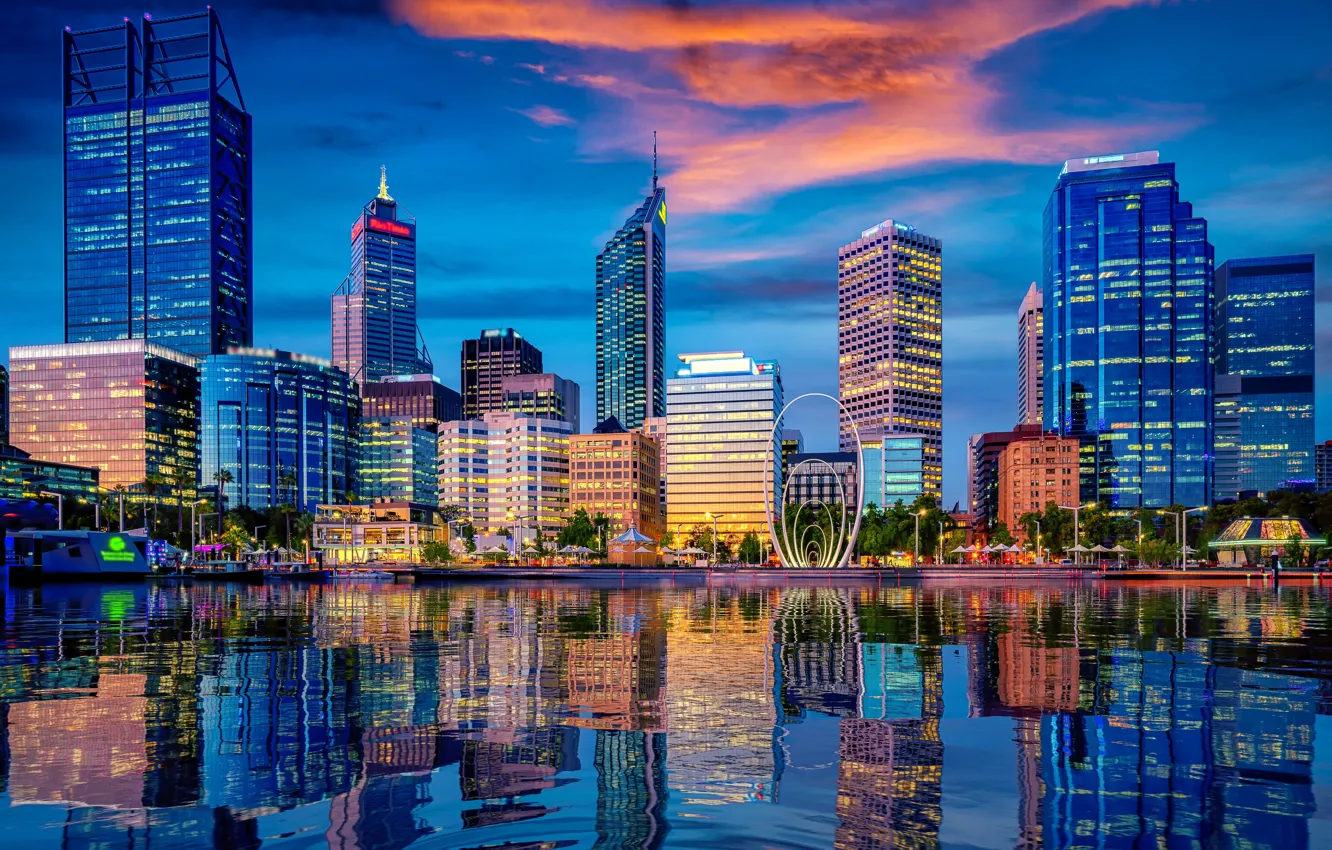 Photo wallpaper the sky, clouds, the city, lights, reflection, blue, shore, building