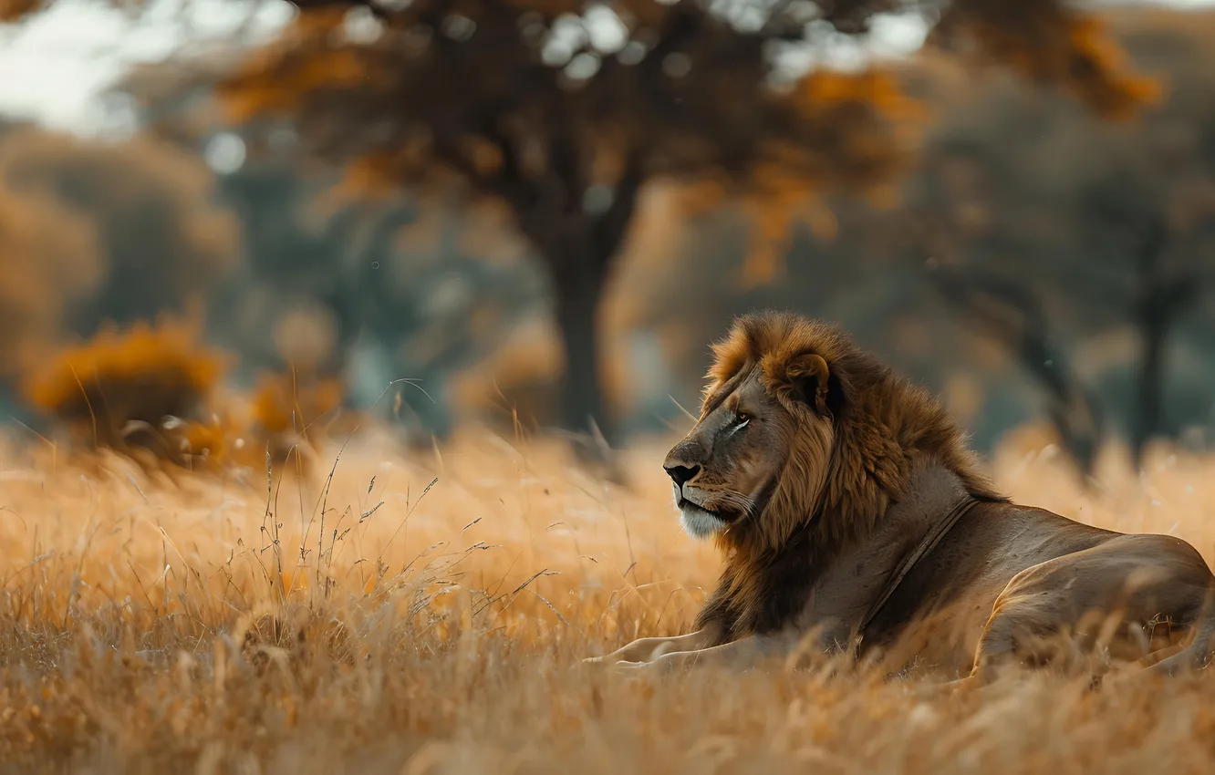 Photo wallpaper field, grass, look, face, trees, Leo, lies, AI art