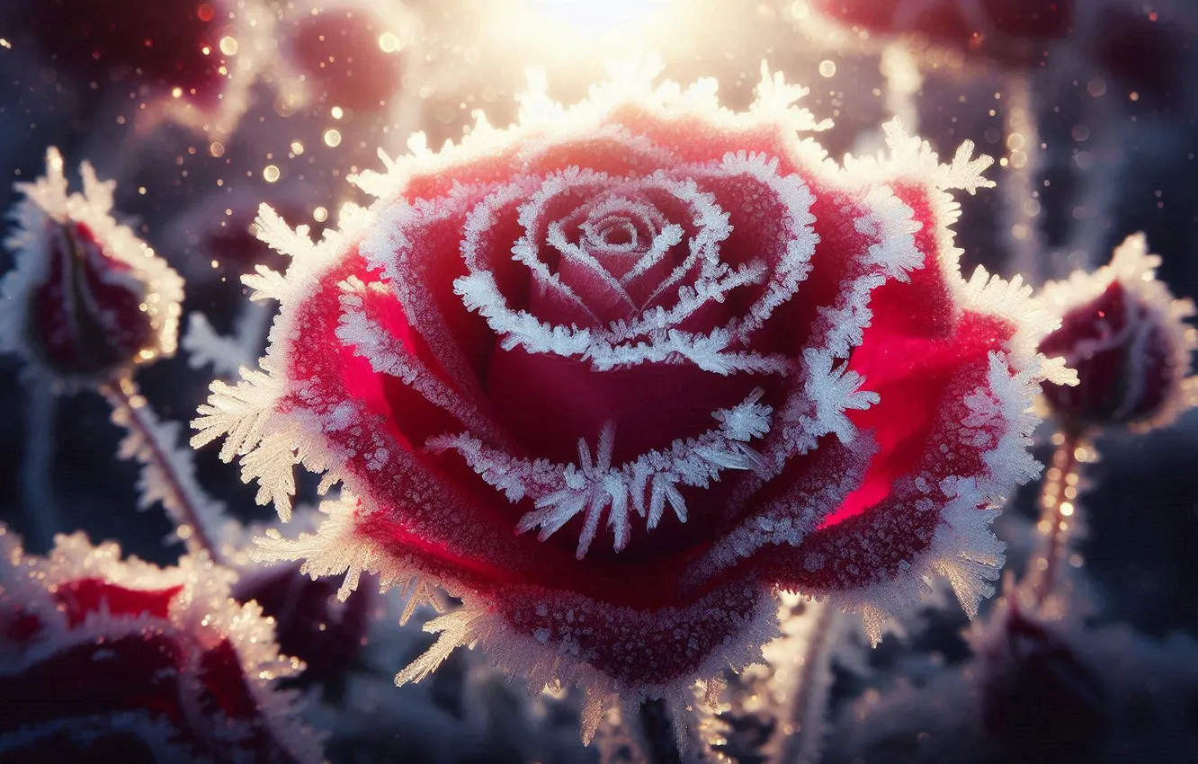 Photo wallpaper roses, frost, frost, AI art, neural network, ice crystals