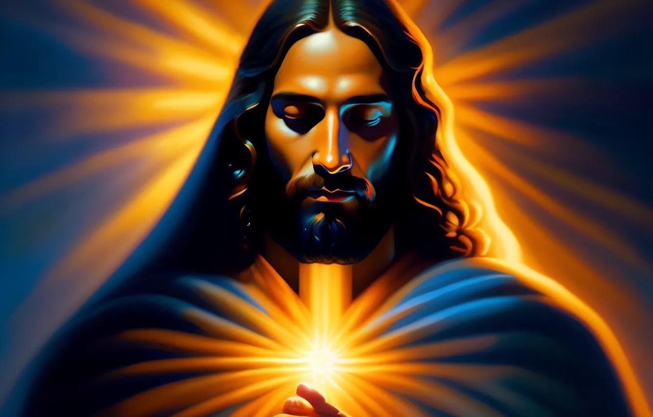 Photo wallpaper Jesus, hair, male, front, religion, Jesus Christ, digital art, AI art