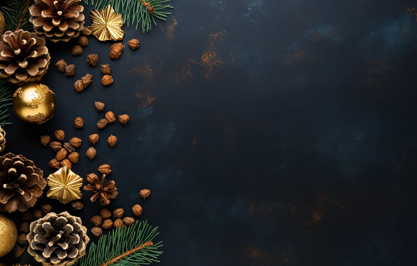 Photo wallpaper balls, branches, new year, Christmas, gold, gold plated, needles, bumps