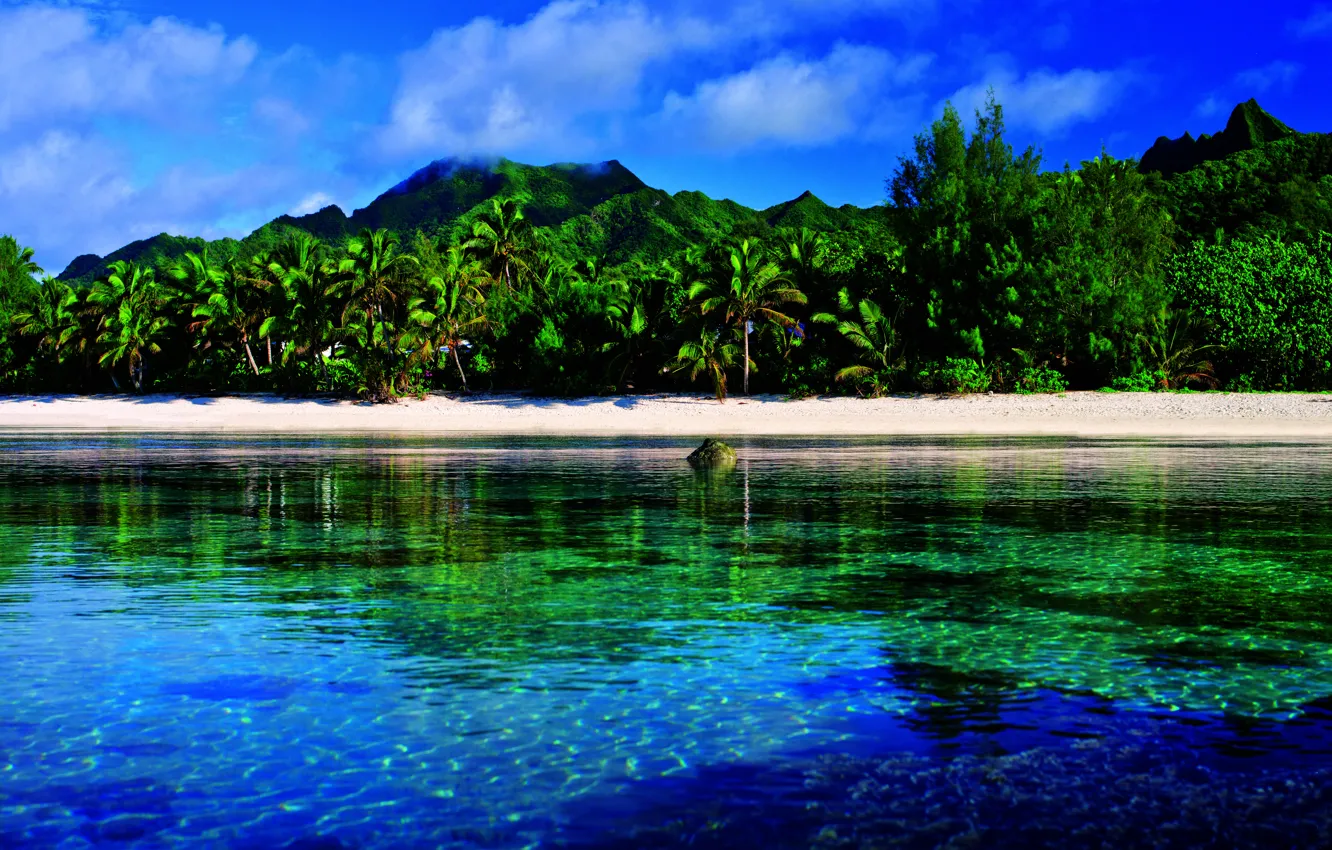Photo wallpaper greens, beach, water, clouds, mountains, palm trees