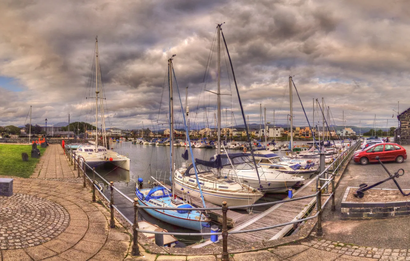 Photo wallpaper Marina, boats, pier, sailboats