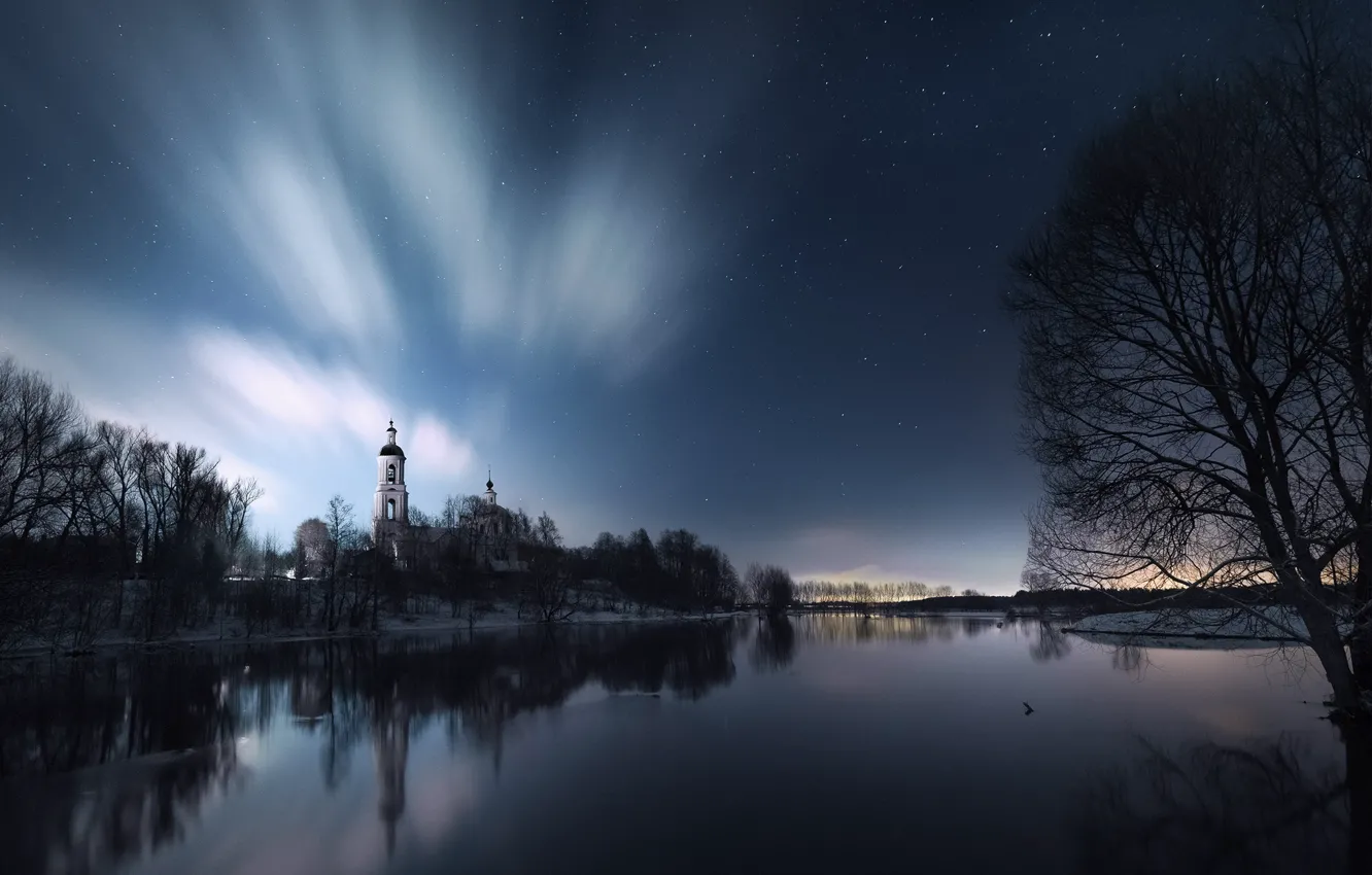 Photo wallpaper landscape, night, nature, river, shore, Church