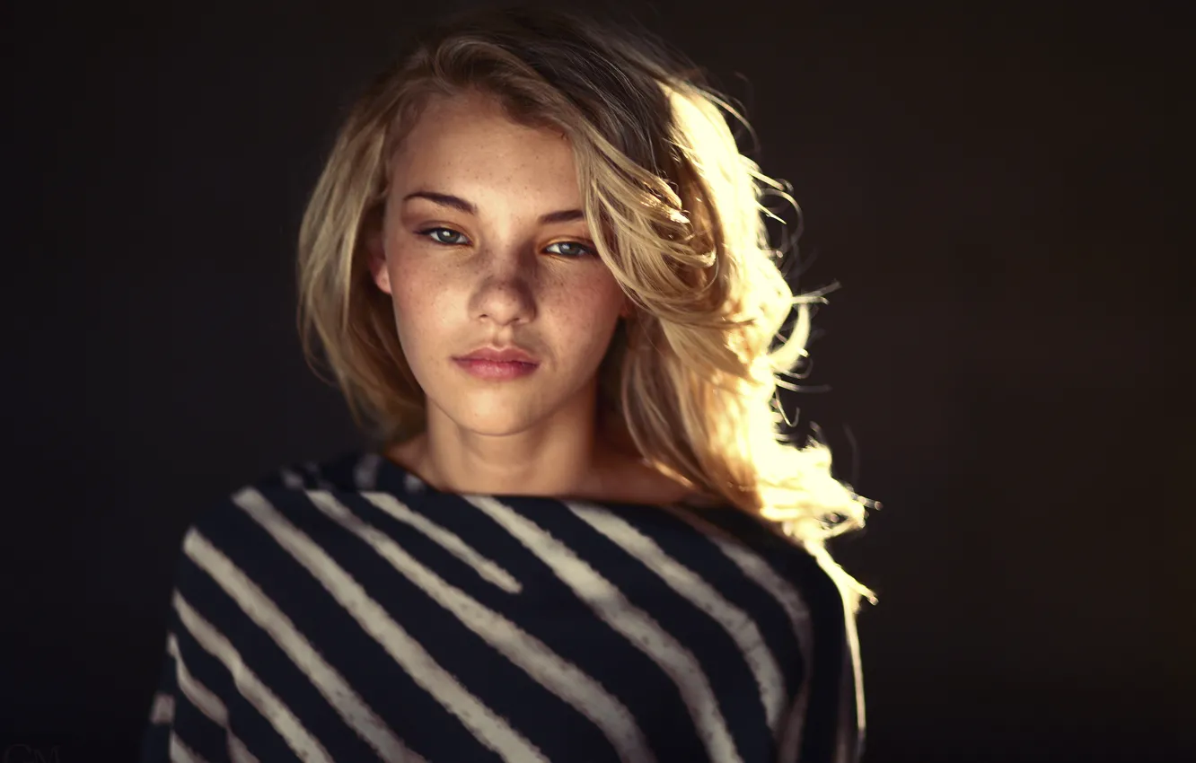 Photo wallpaper girl, woman, stripes, model, blonde, female, sweater, Rachel Yampolsky