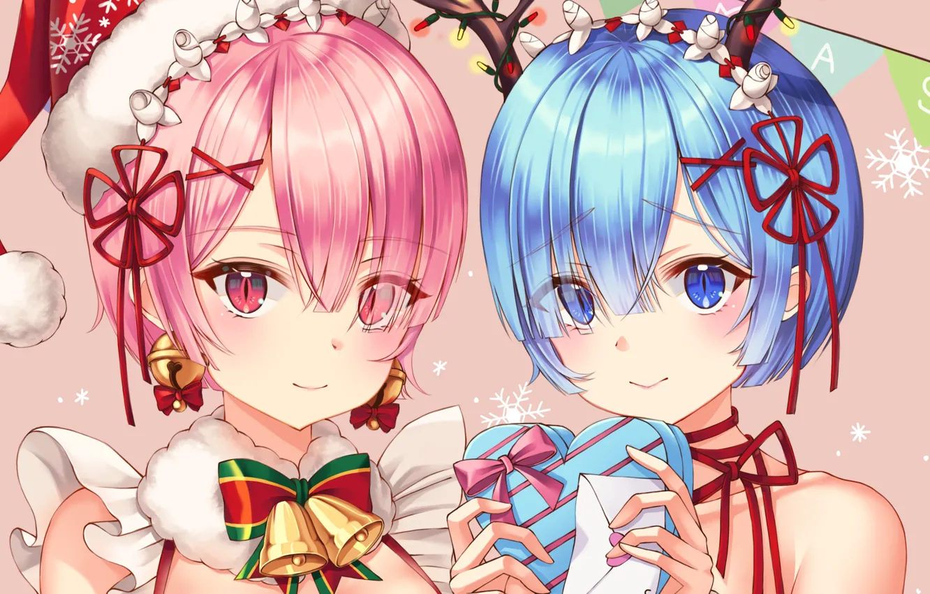 Photo wallpaper girls, Christmas, gifts, bells, sisters, From scratch, REM, RAM