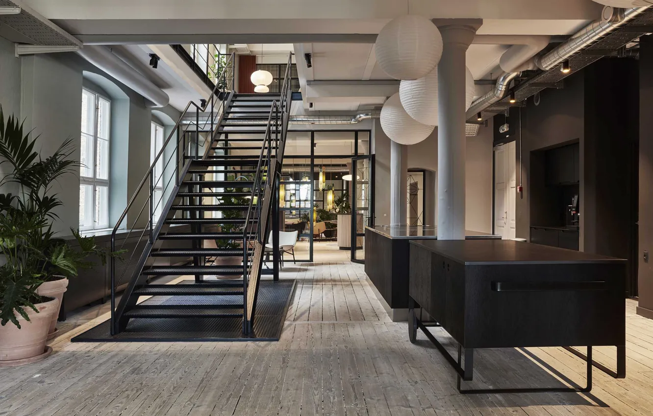 Photo wallpaper design, style, plant, interior, Denmark, lighting, ladder, living room