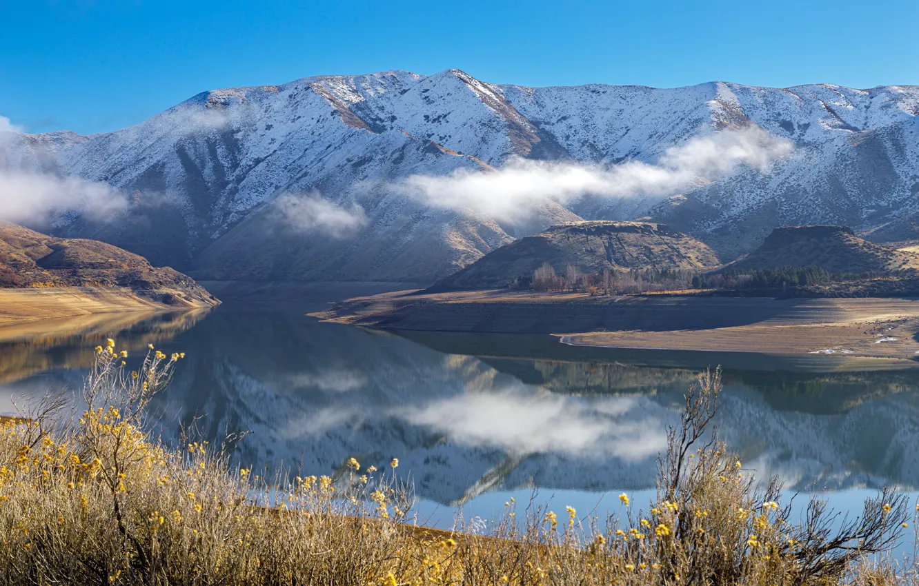 Photo wallpaper the sky, the sun, clouds, mountains, river, USA, Idaho