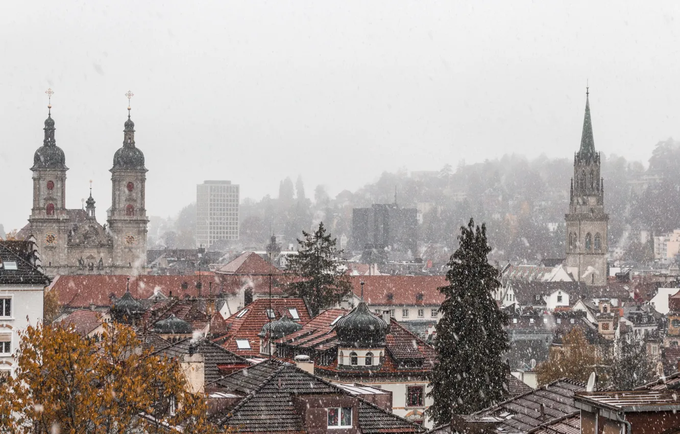 Photo wallpaper Switzerland, roofs, cityscape, winter is coming, church, snowing, St. Gallen