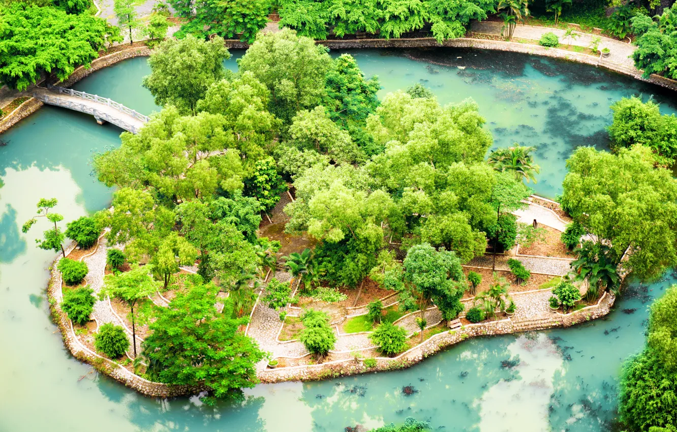 Photo wallpaper Pond, Park, Vietnam, Bridges, Ninh Binh, Tropical Garden