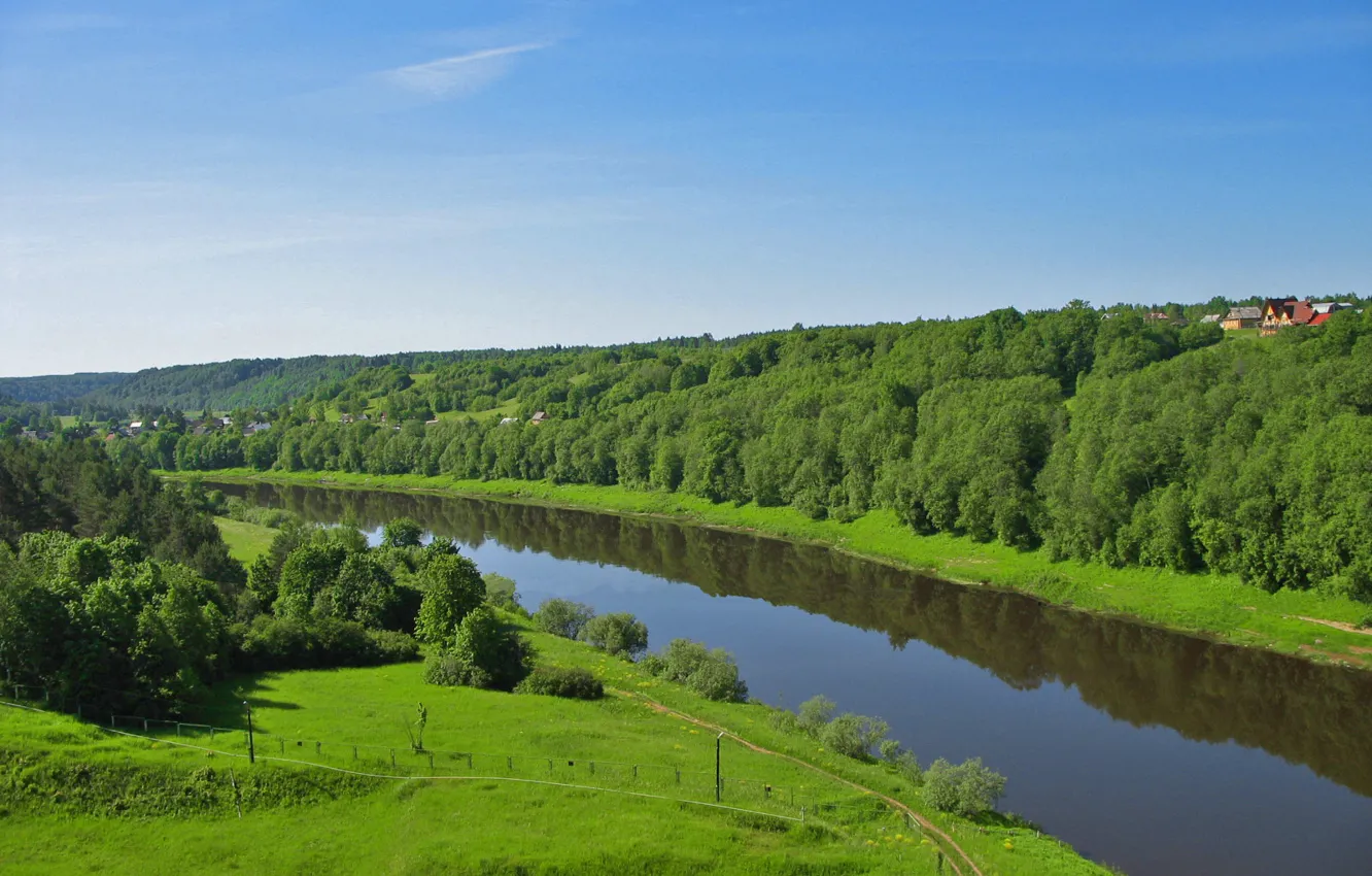 Photo wallpaper road, greens, the sky, river, the village