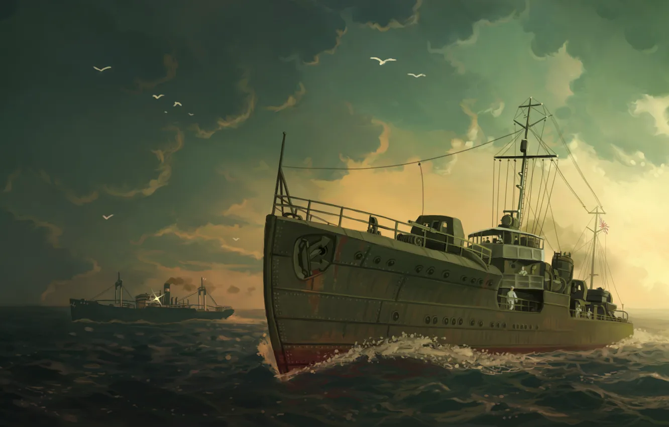 Photo wallpaper sea, the sky, clouds, ship, art, Akikaze