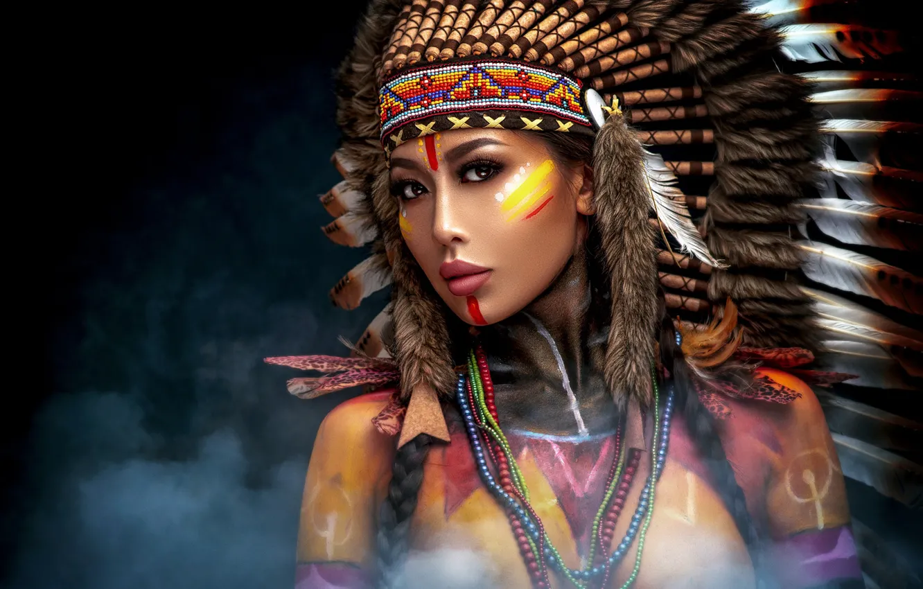 Photo wallpaper look, girl, face, background, smoke, portrait, feathers, beads