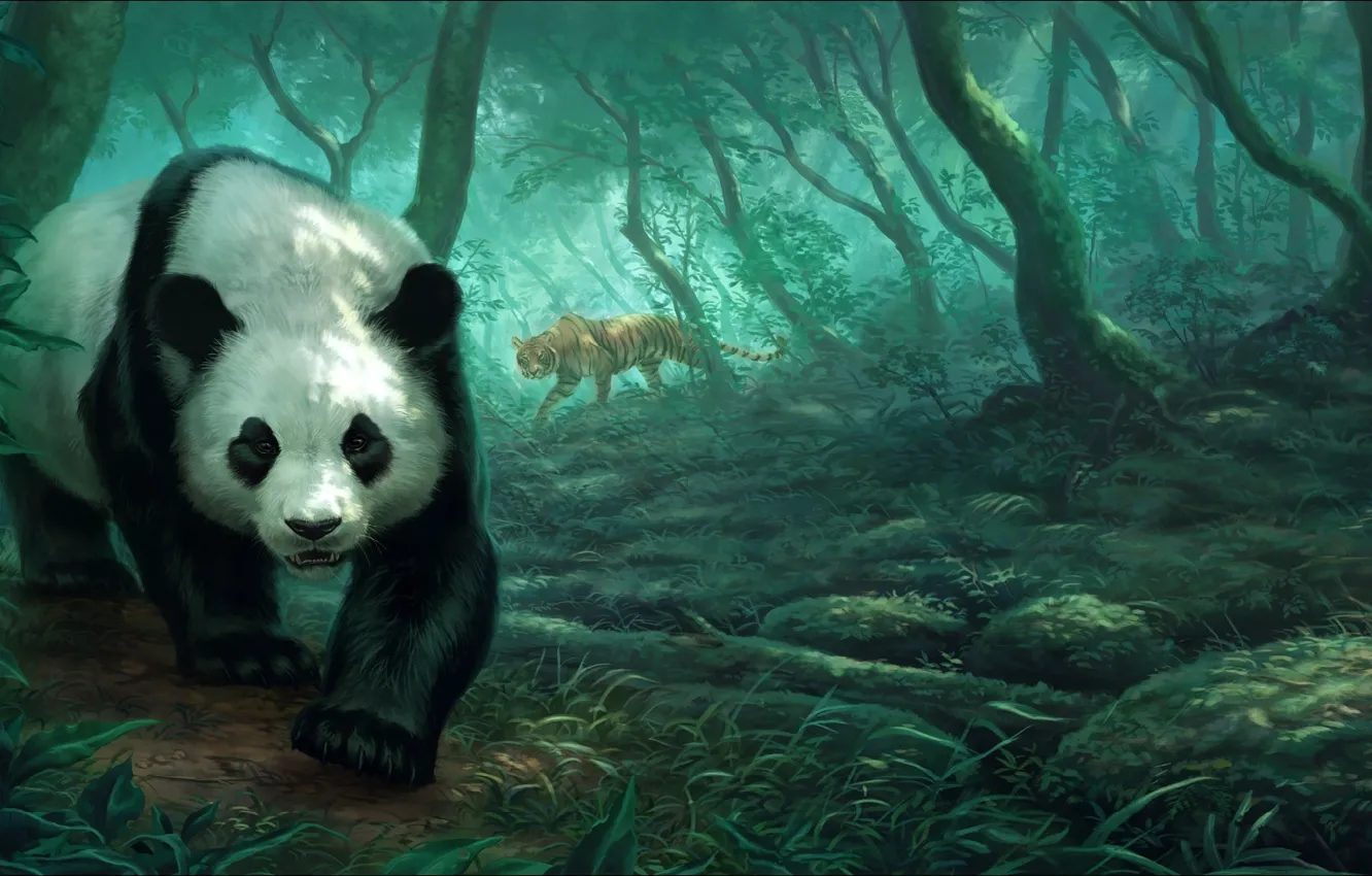 Photo wallpaper Panda, painting, Art, Art, tiger, picture, panda, paiting