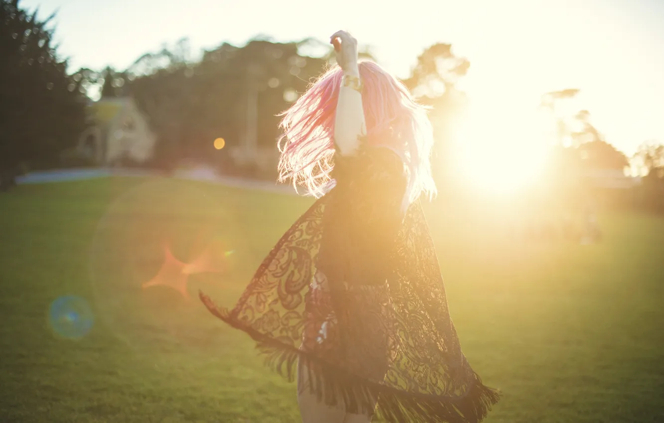 Photo wallpaper girl, the sun, hair, pink