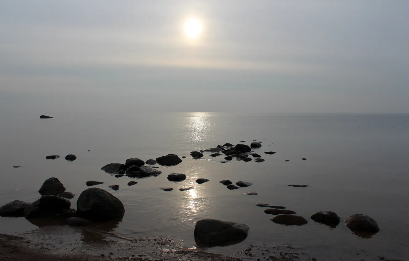 Photo wallpaper sea, the sun, stones, haze