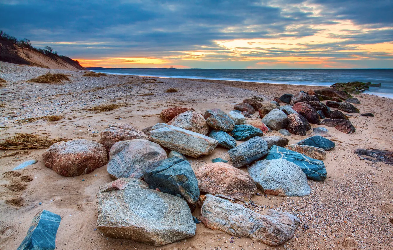 Photo wallpaper sand, sea, the sky, clouds, sunset, stones, shore