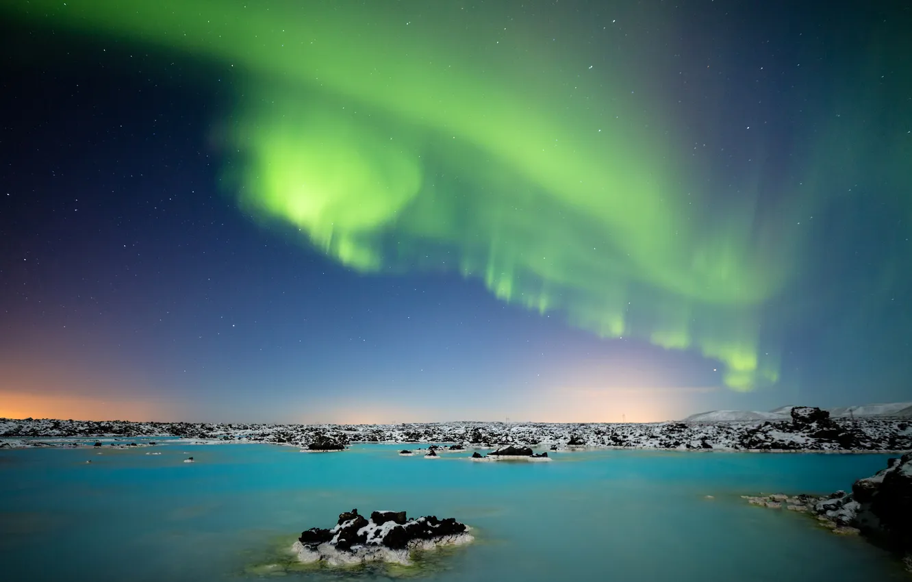 Photo wallpaper the sky, stars, snow, lake, lights, rocks