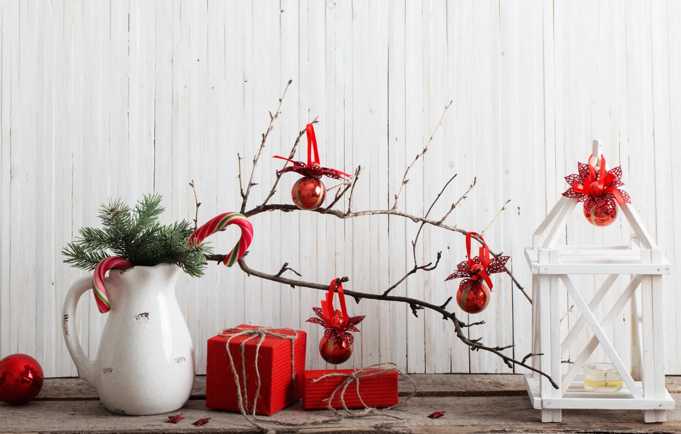 Photo wallpaper decoration, balls, tree, New Year, Christmas, gifts, Christmas, vintage