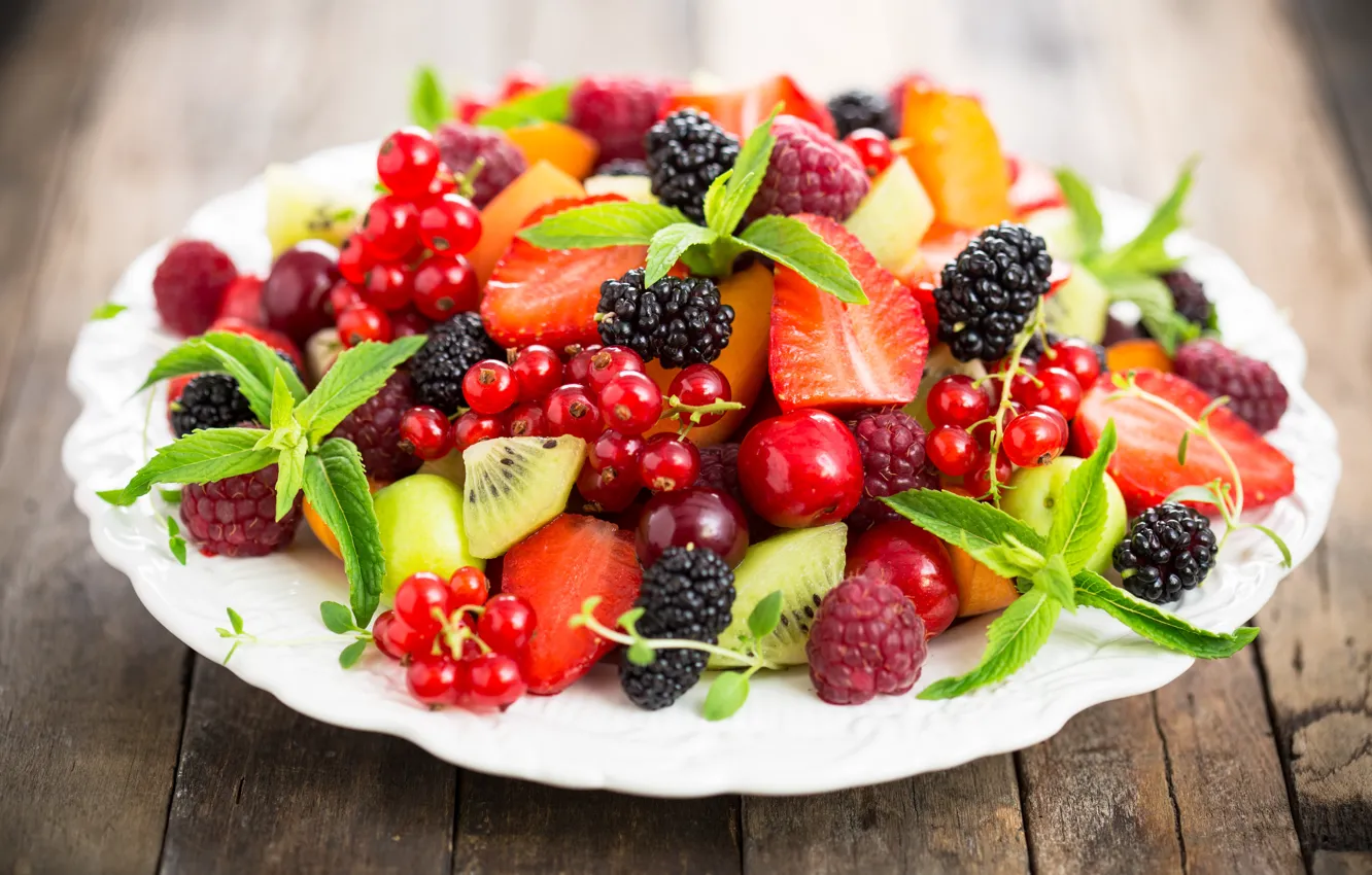 Photo wallpaper berries, raspberry, strawberry, fruit, currants, salad, dessert, fruit salad