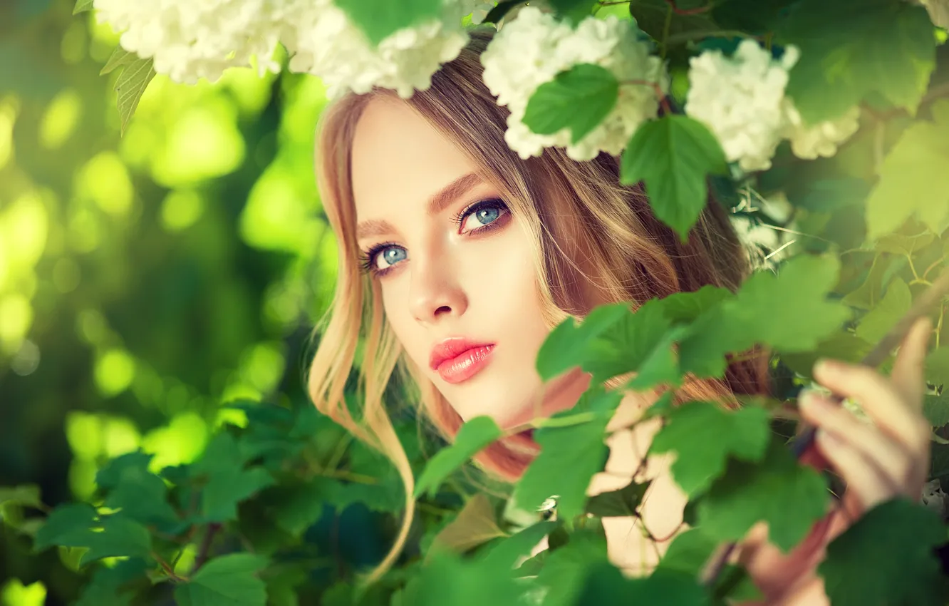 Photo wallpaper summer, look, girl, makeup, girl, the bushes, flowers, make up