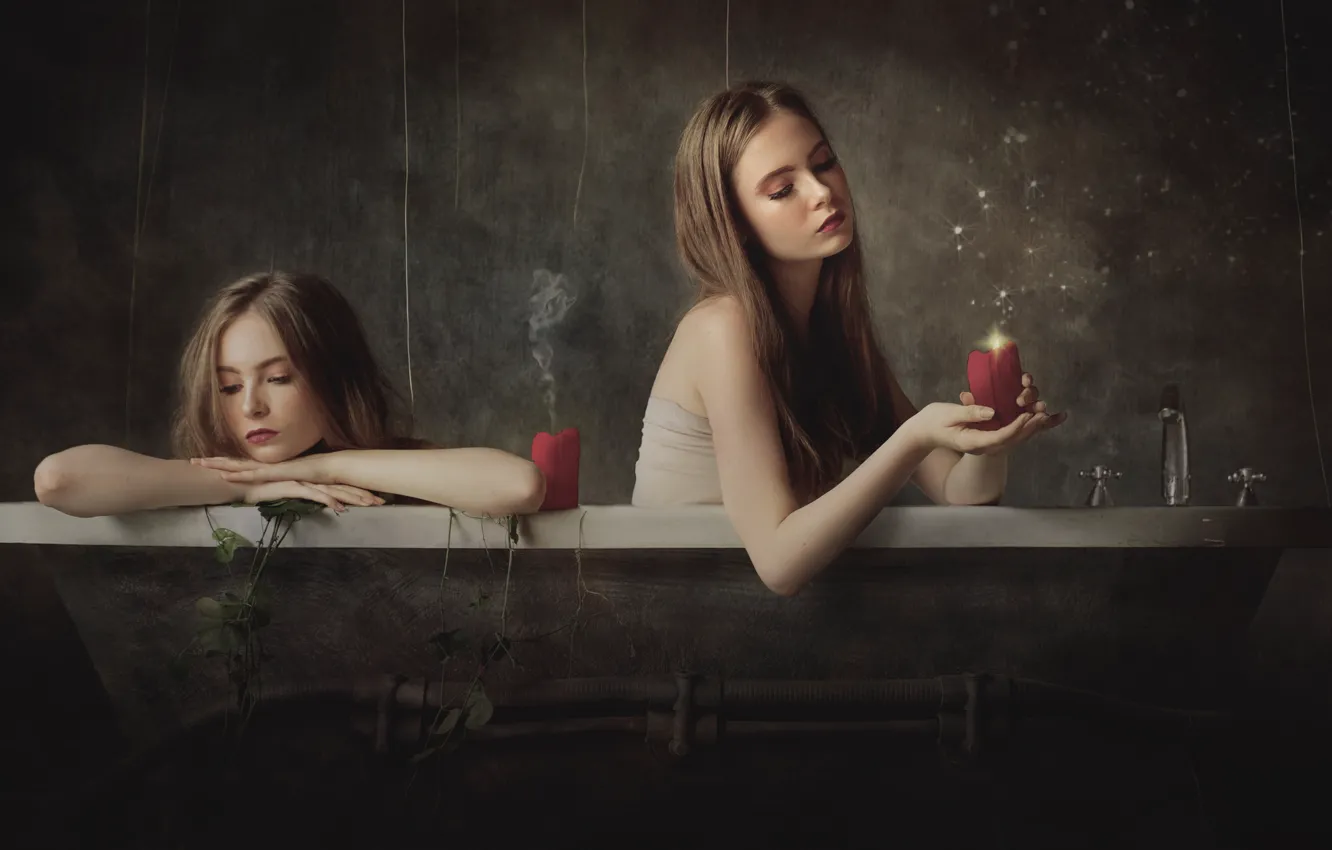 Photo wallpaper girl, candles, bath, Marco Redaelli