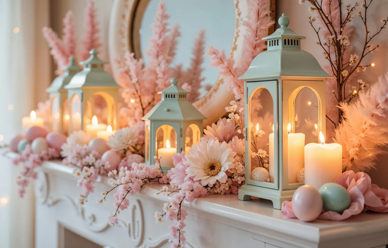 Photo wallpaper flowers, eggs, candles, Easter, pink, blossom, flowers, Easter