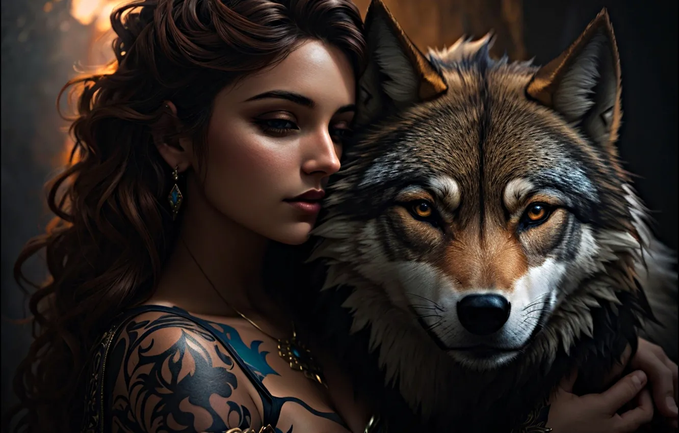 Photo wallpaper pose, look, girl, AI art, wolf, neural network
