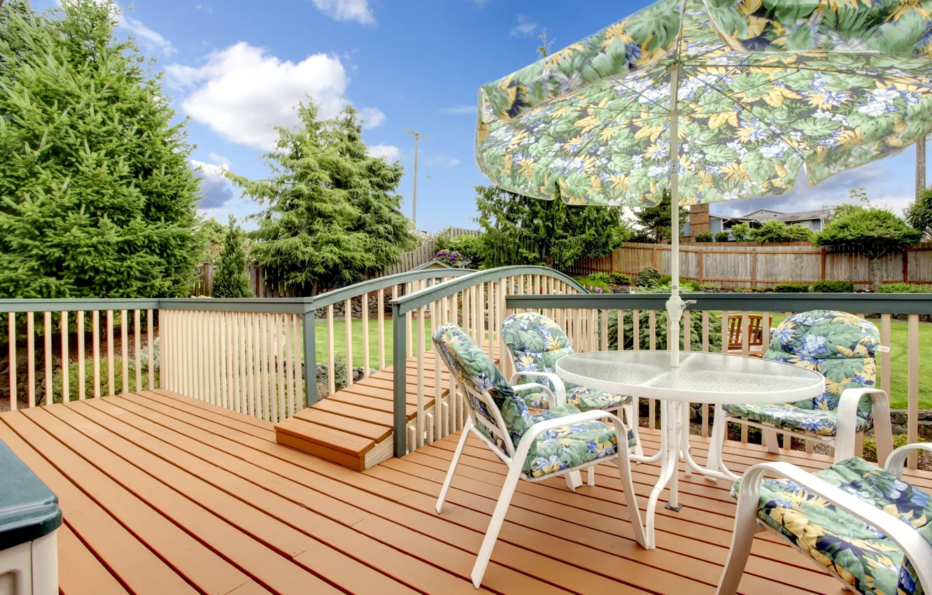 Photo wallpaper summer, tree, interior, umbrella, chair, cottage