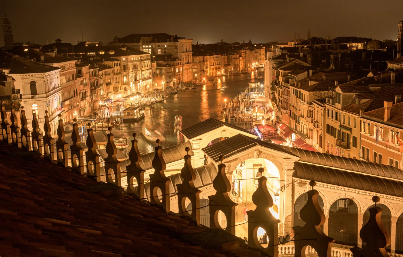 Photo wallpaper night, the city, building, home, boats, lighting, Italy, Venice