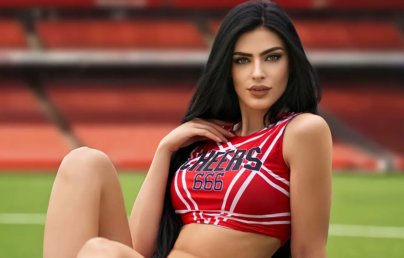 Photo wallpaper girl, model, pretty, face, brunette, pose, portrait, cheerleader