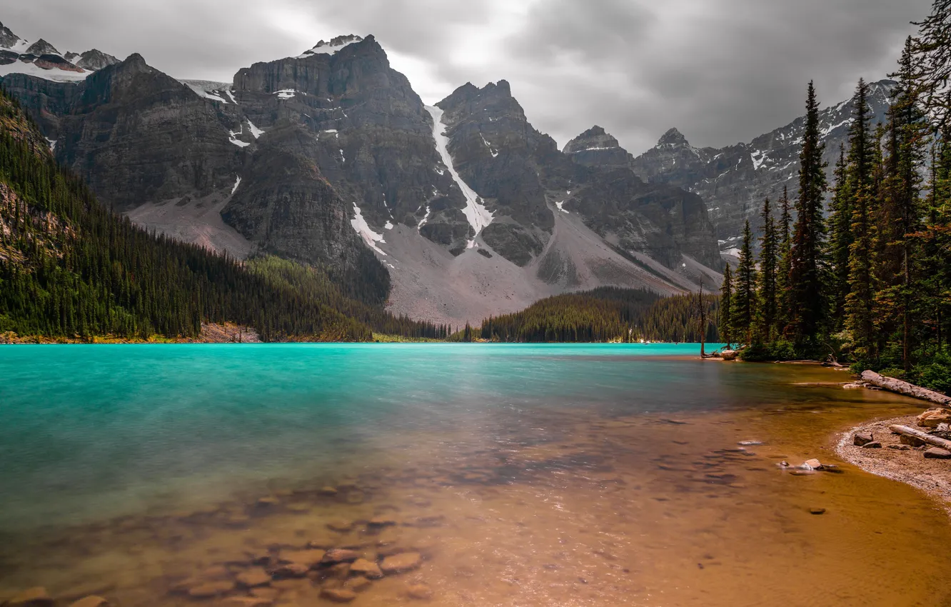 Photo wallpaper forest, mountains, lake, shore, the slopes, ate, Canada, Albert