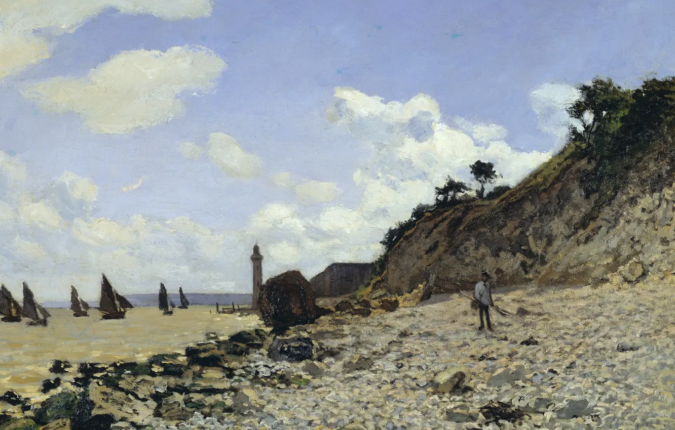 Photo wallpaper landscape, boat, lighthouse, picture, sail, Claude Monet, The beach in Honfleur